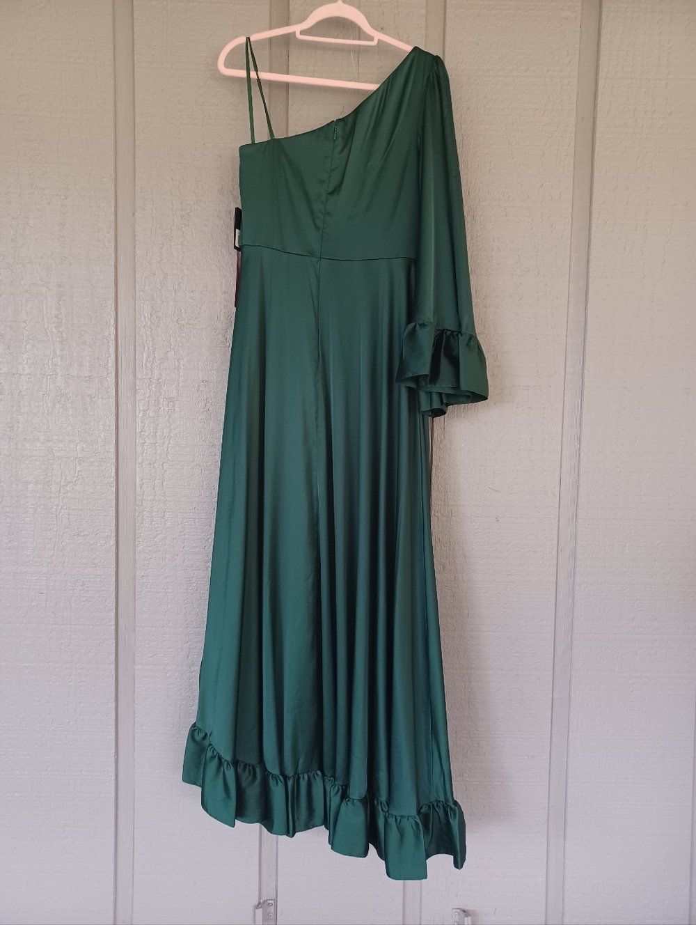 Ieena Mac Duggal Long One Sleeve Asymmetrical Ruffle Hem Gown Size 10 Emerald - Picture 3 of 16